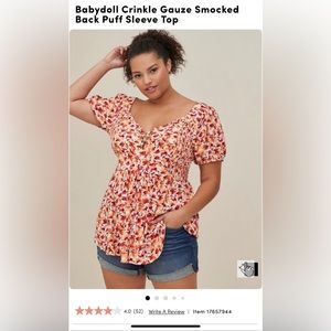 Babydoll Crinkle Gauze Smocked Back Puff Sleeve Top Torrid 4X